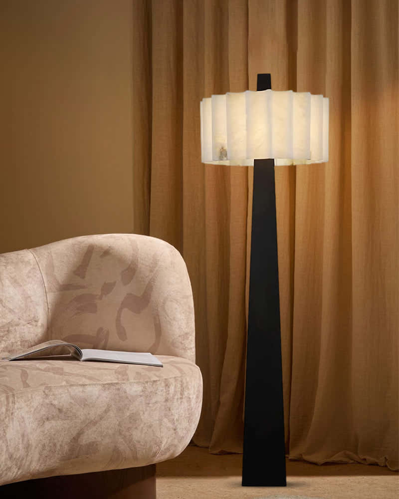 Artisanal Craftsmanship Alabaster Floor Lamp 65" Height | Black Stainless Base