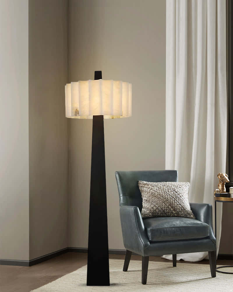 Artisanal Craftsmanship Alabaster Floor Lamp 65" Height | Black Stainless Base