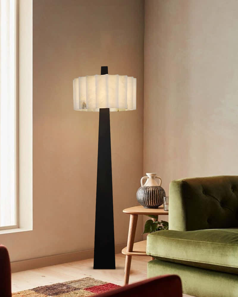 Artisanal Craftsmanship Alabaster Floor Lamp 65" Height | Black Stainless Base
