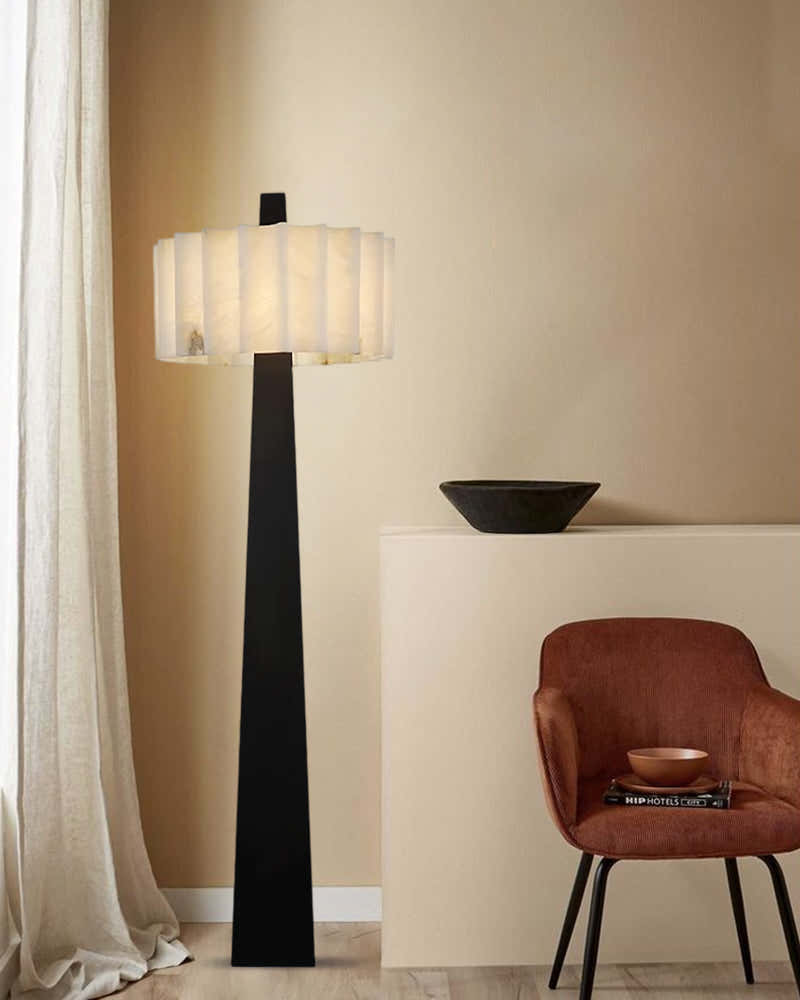 Artisanal Craftsmanship Alabaster Floor Lamp 65" Height | Black Stainless Base