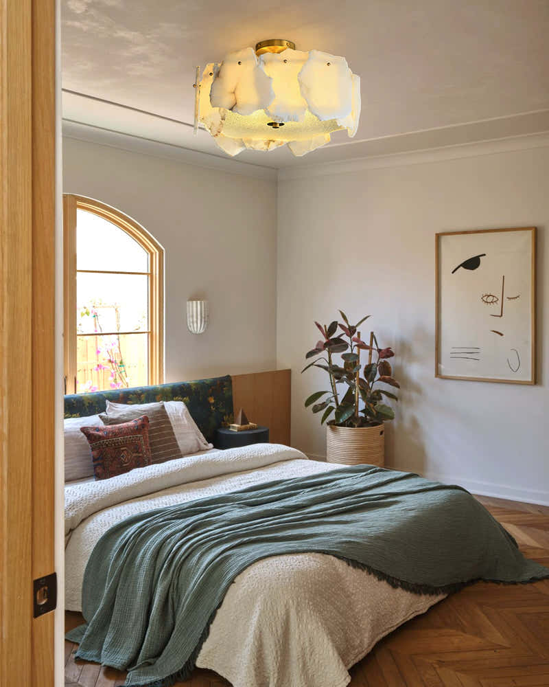 Elegance Semi Flush Alabaster Round Ceiling Light Fixture in Brass