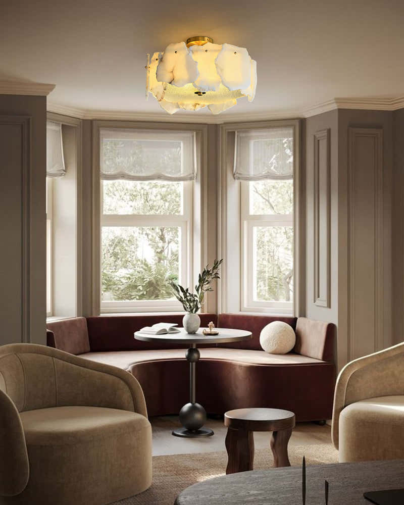 Elegance Semi Flush Alabaster Round Ceiling Light Fixture in Brass
