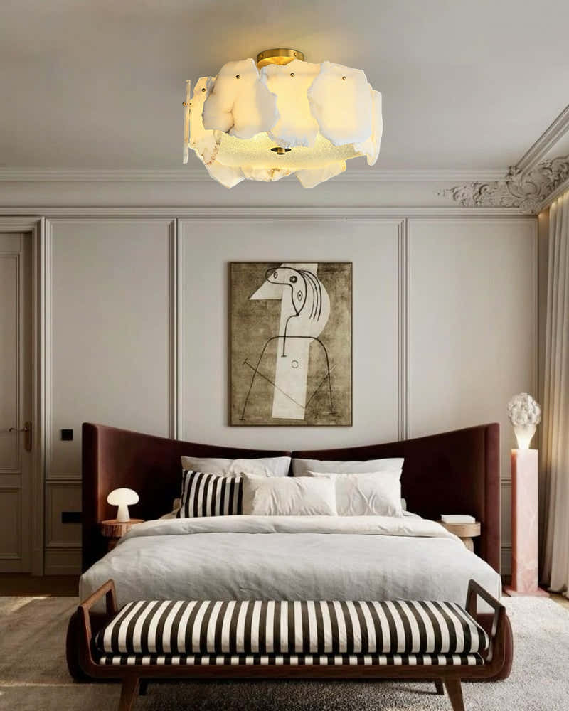 Elegance Semi Flush Alabaster Round Ceiling Light Fixture in Brass