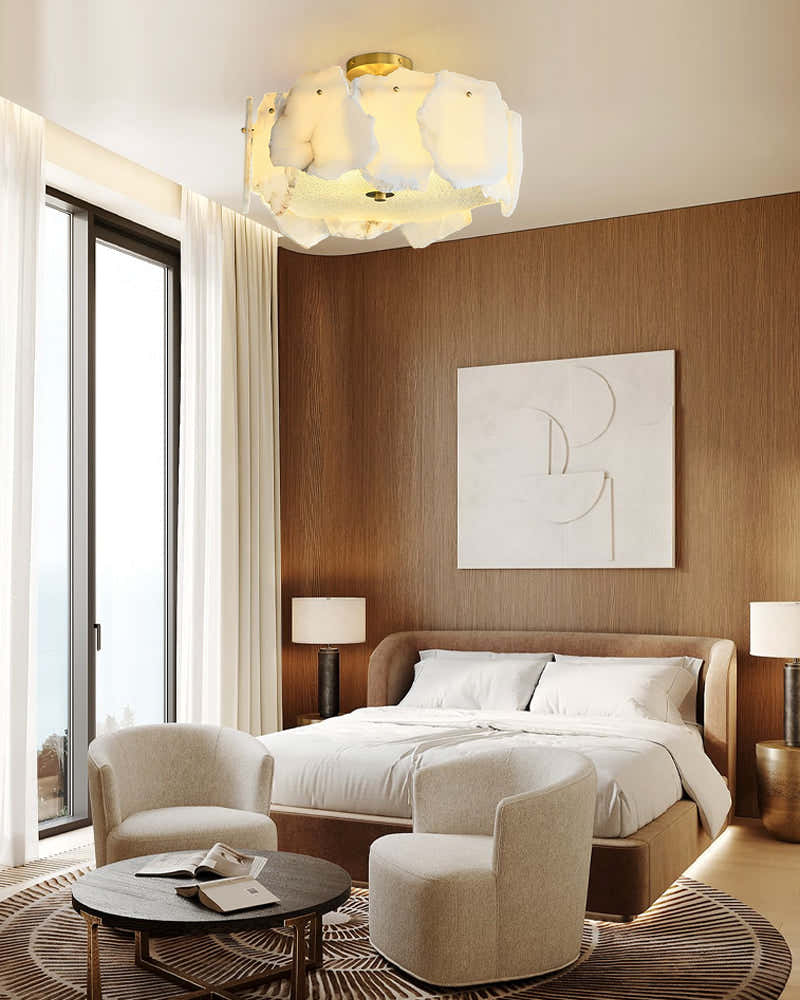 Elegance Semi Flush Alabaster Round Ceiling Light Fixture in Brass