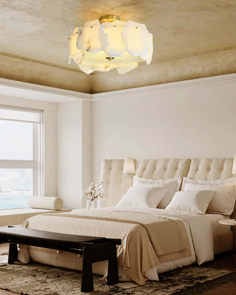 Elegance Semi Flush Alabaster Round Ceiling Light Fixture in Brass