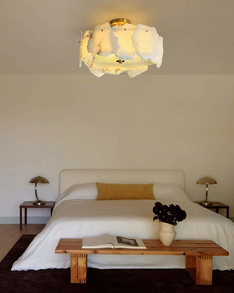 Elegance Semi Flush Alabaster Round Ceiling Light Fixture in Brass