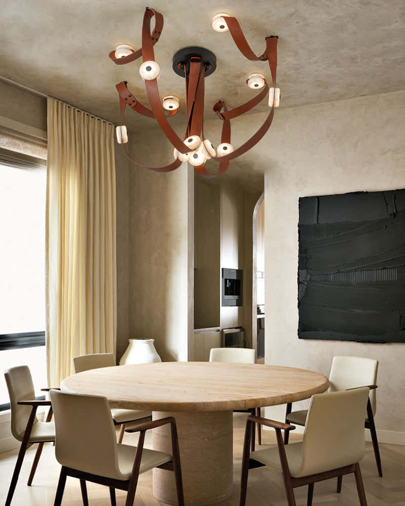Modern Brass LED Alabaster Snaps Wall Sconce with Leather straps in Brown/Black/White Finish