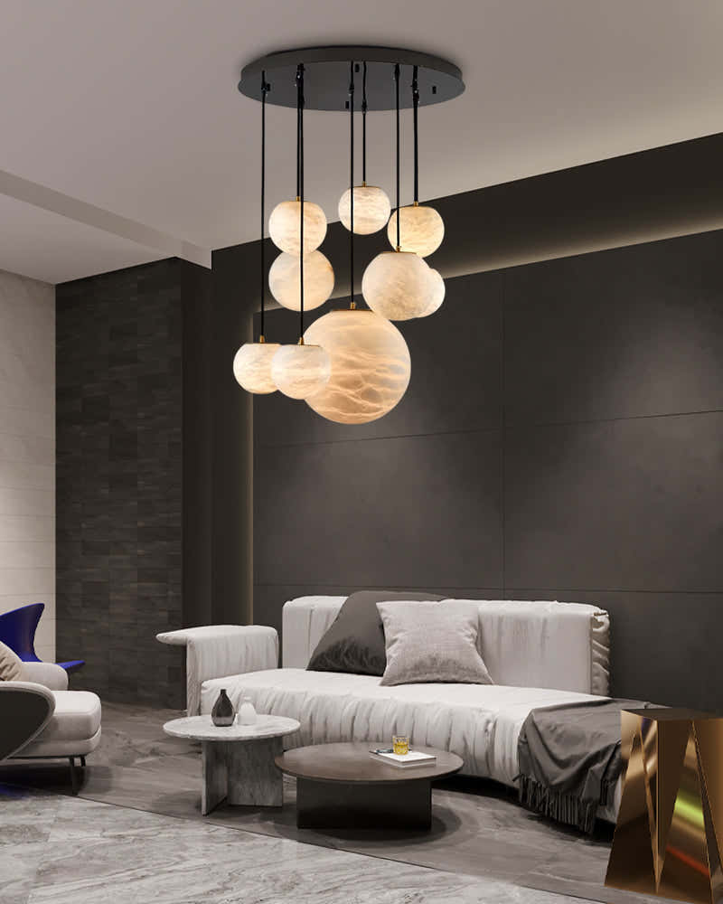 Art Decor Linear Moon Alabaster Globe Multi-Light Chandelier for Dining Kitchen Ambience