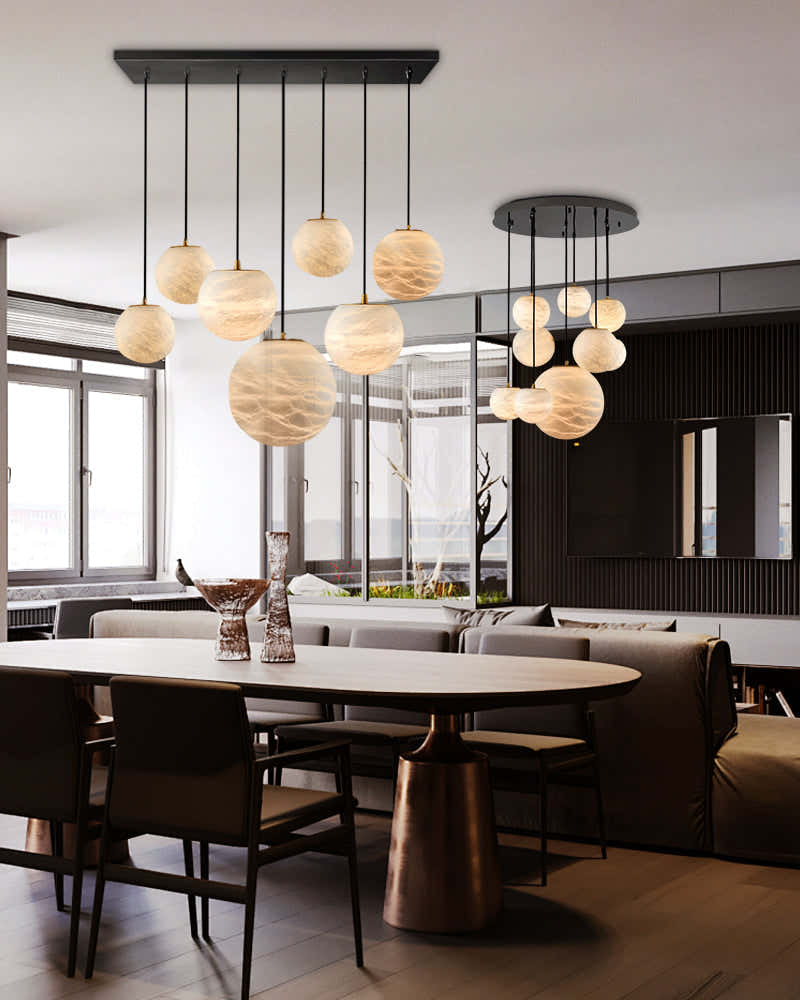 Art Decor Linear Moon Alabaster Globe Multi-Light Chandelier for Dining Kitchen Ambience
