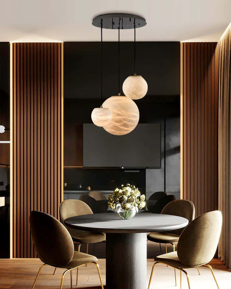 Art Decor Linear Moon Alabaster Globe Multi-Light Chandelier for Dining Kitchen Ambience