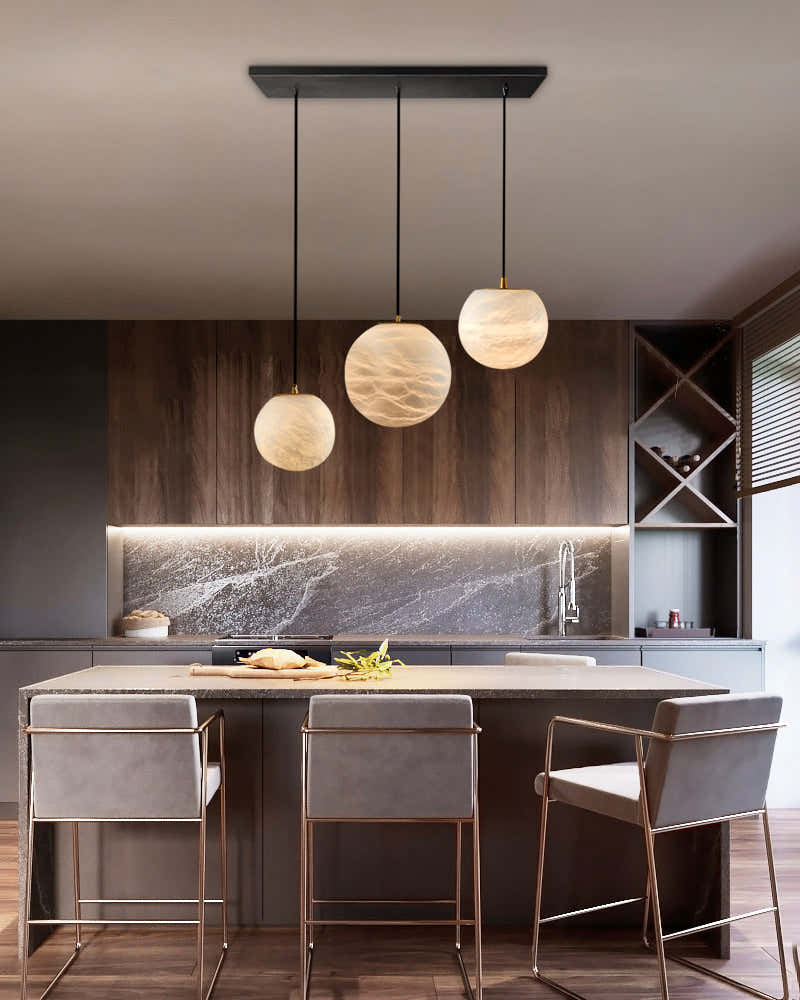 Art Decor Linear Moon Alabaster Globe Multi-Light Chandelier for Dining Kitchen Ambience