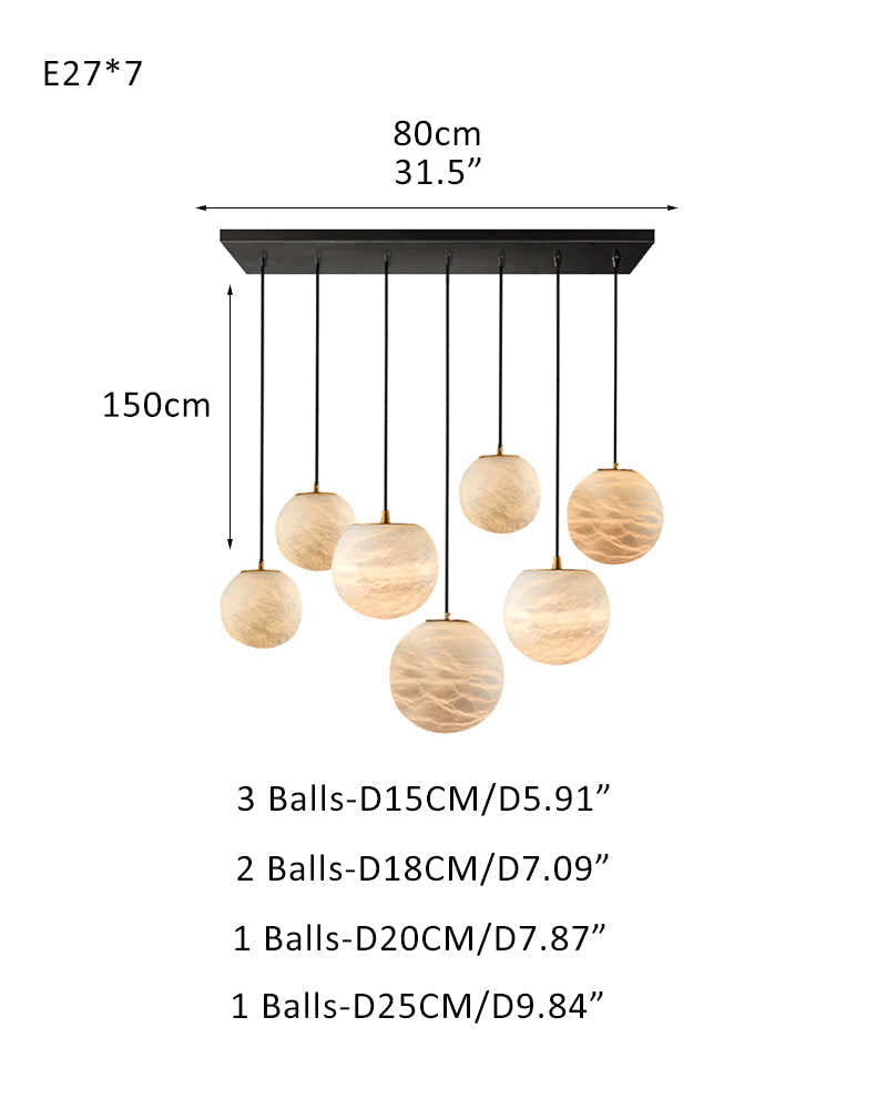 Art Decor Linear Moon Alabaster Globe Multi-Light Chandelier for Dining Kitchen Ambience