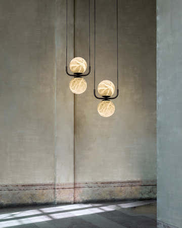 Stunning Double Alabaster Globes Pendant Suspension Light Lacquered Burnished Brass/Black