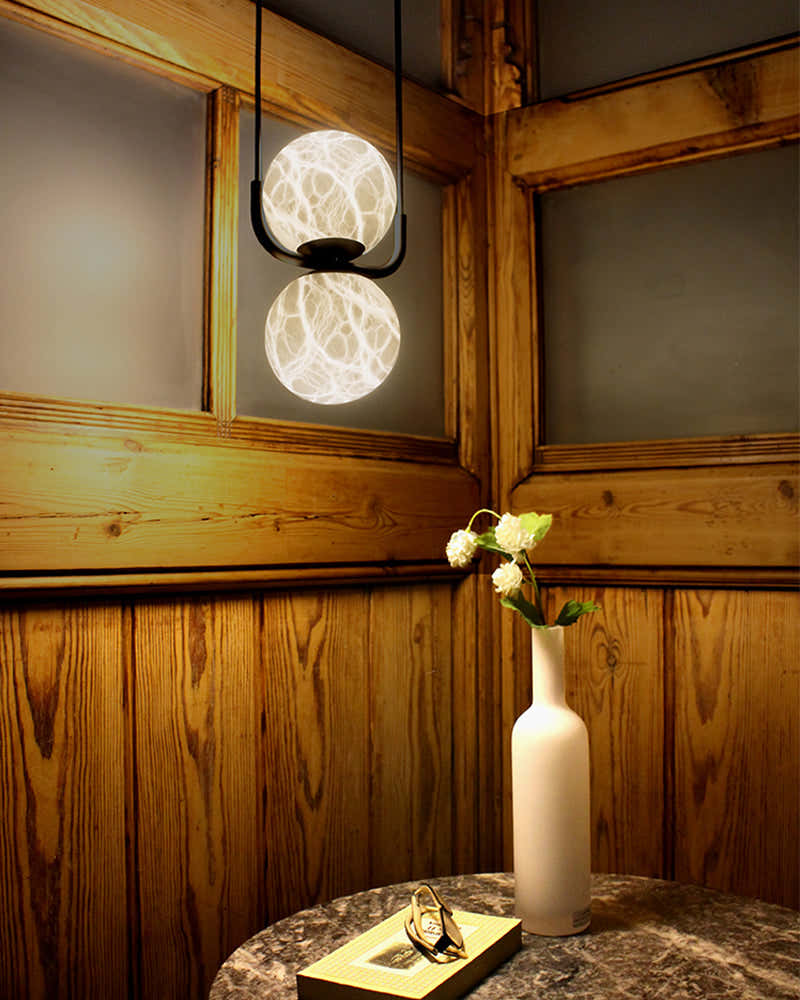 Stunning Double Alabaster Globes Pendant Suspension Light Lacquered Burnished Brass/Black