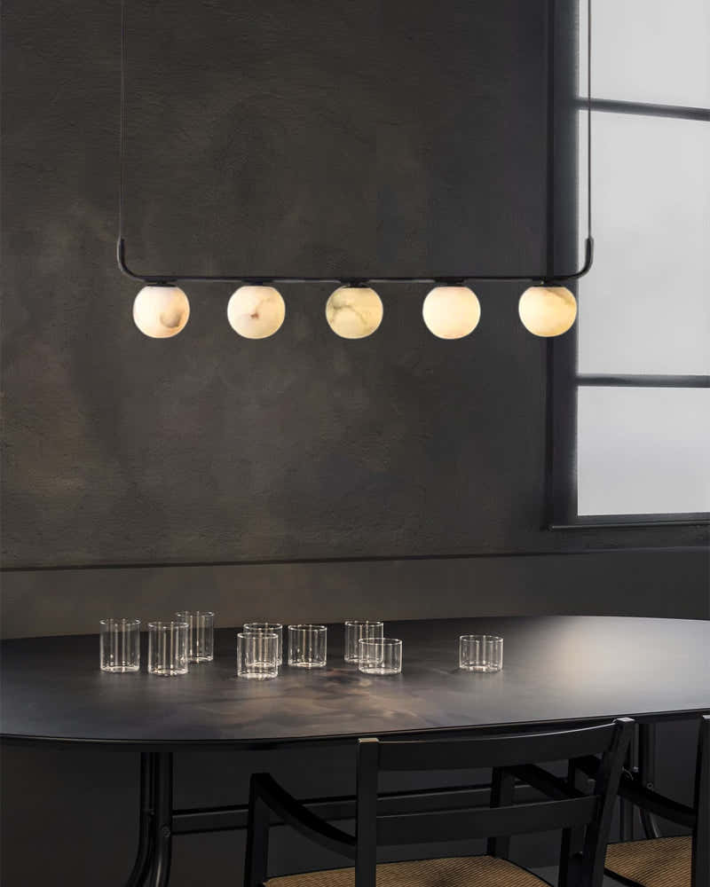 Stunning Double Alabaster Globes Pendant Suspension Light Lacquered Burnished Brass/Black