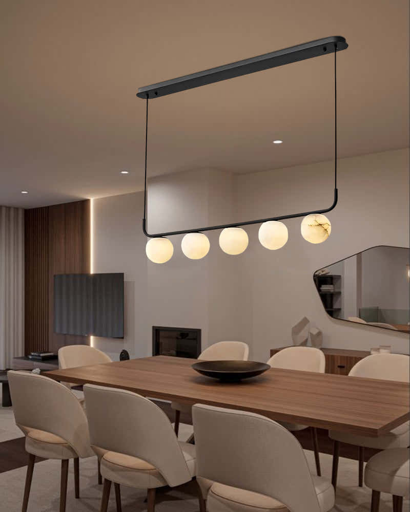 Stunning Double Alabaster Globes Pendant Suspension Light Lacquered Burnished Brass/Black