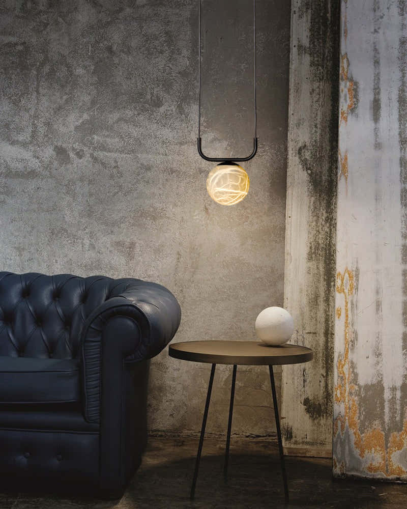 Stunning Double Alabaster Globes Pendant Suspension Light Lacquered Burnished Brass/Black