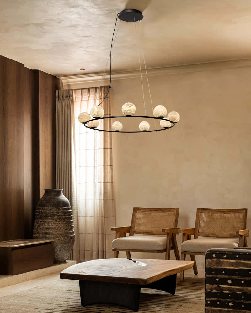 Stunning Double Alabaster Globes Pendant Suspension Light Lacquered Burnished Brass/Black