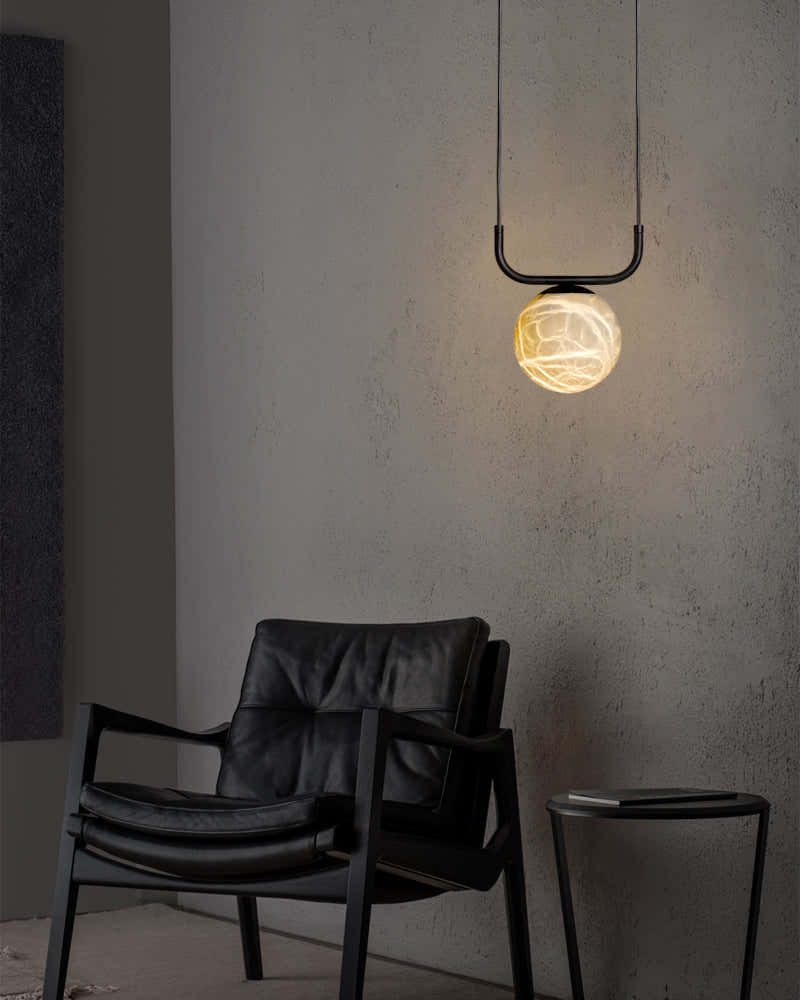 Stunning Double Alabaster Globes Pendant Suspension Light Lacquered Burnished Brass/Black