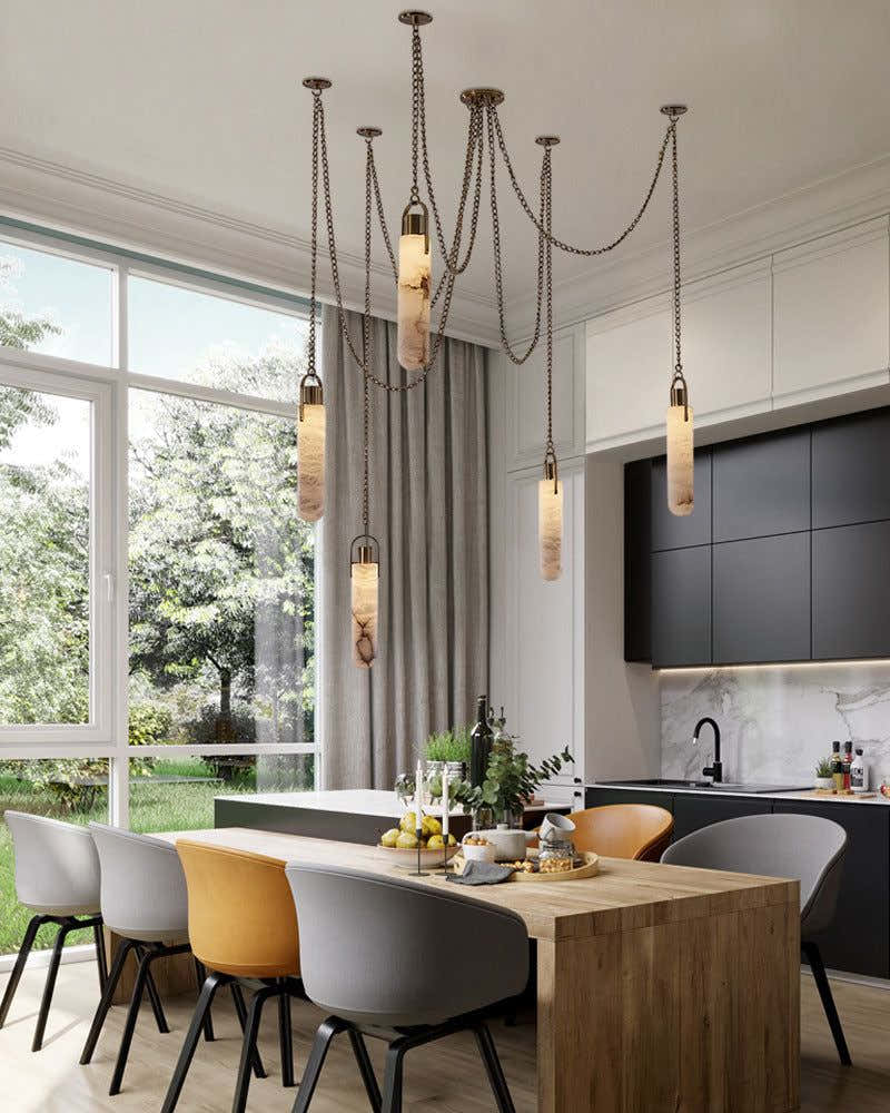 9-lights Brass Dome Pendant Chain Light over island lighting  | Cluster Alabaster Lighting
