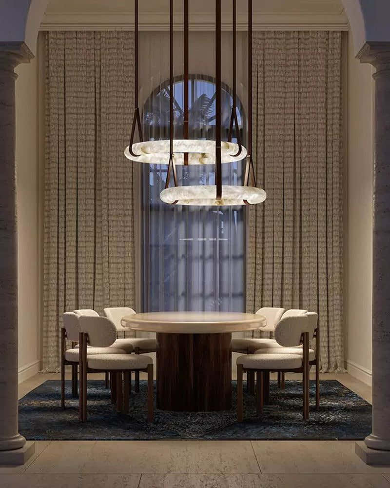 Leather Cable Alabaster Pendant Halo Ring Chandelier with Canopy