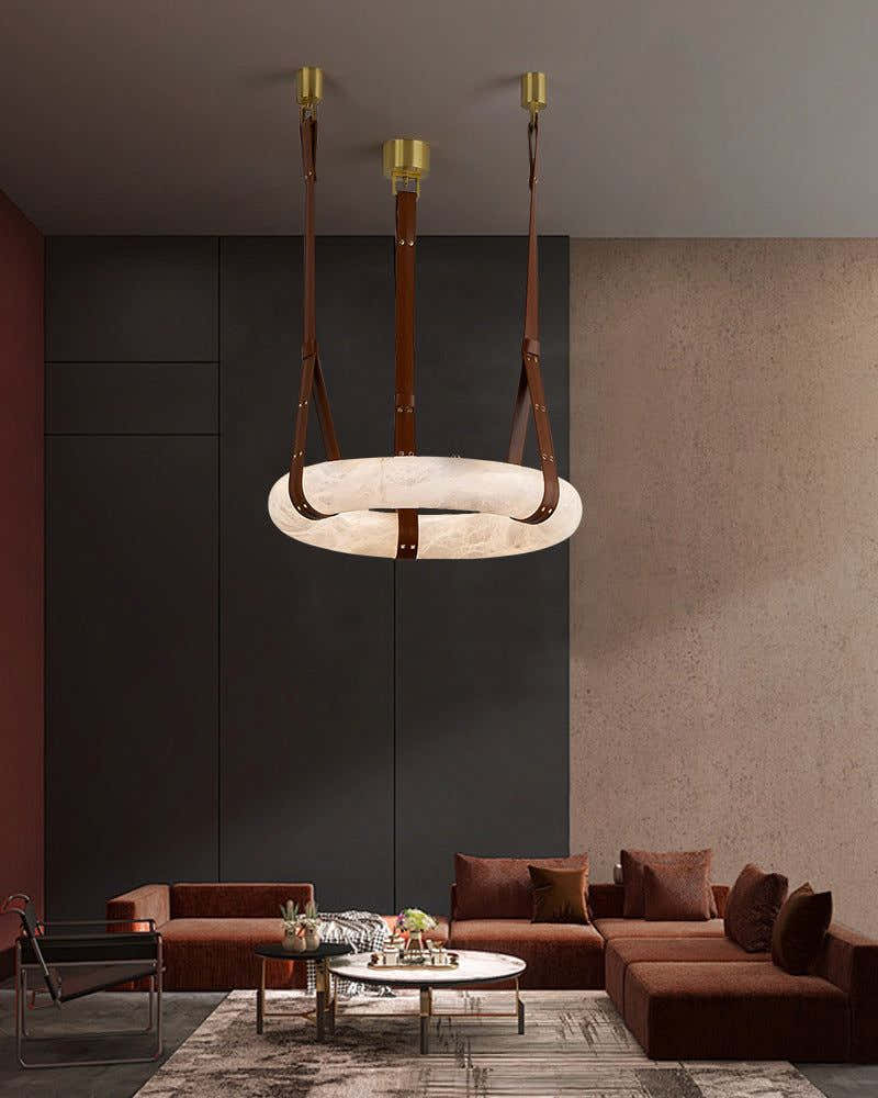 Leather Cable Alabaster Pendant Halo Ring Chandelier with Canopy