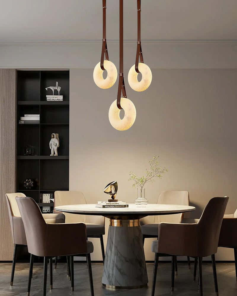 Leather Cable Alabaster Pendant Halo Ring Chandelier with Canopy