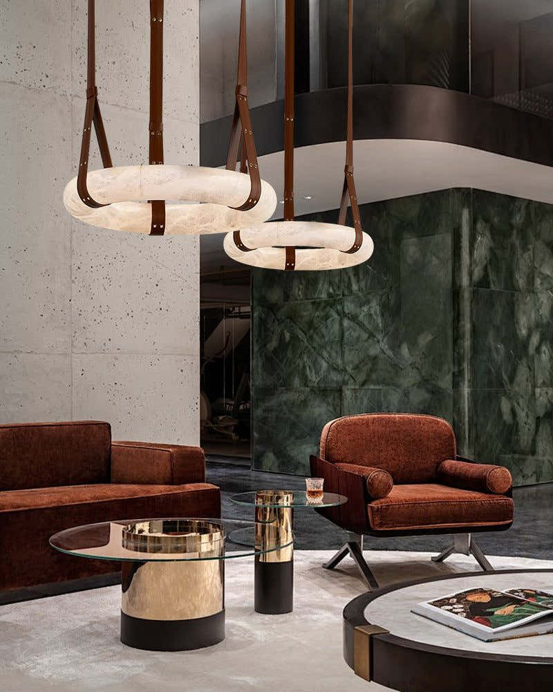 Leather Cable Alabaster Pendant Halo Ring Chandelier with Canopy