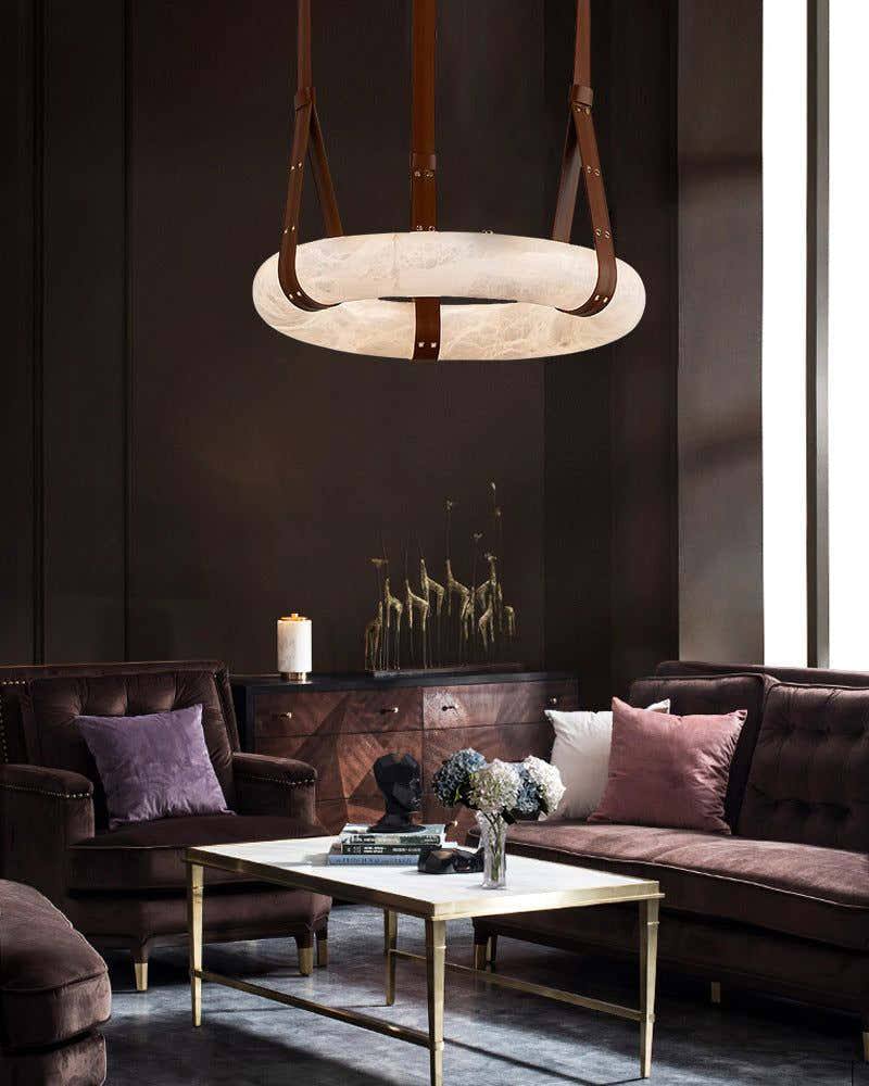 Leather Cable Alabaster Pendant Halo Ring Chandelier with Canopy