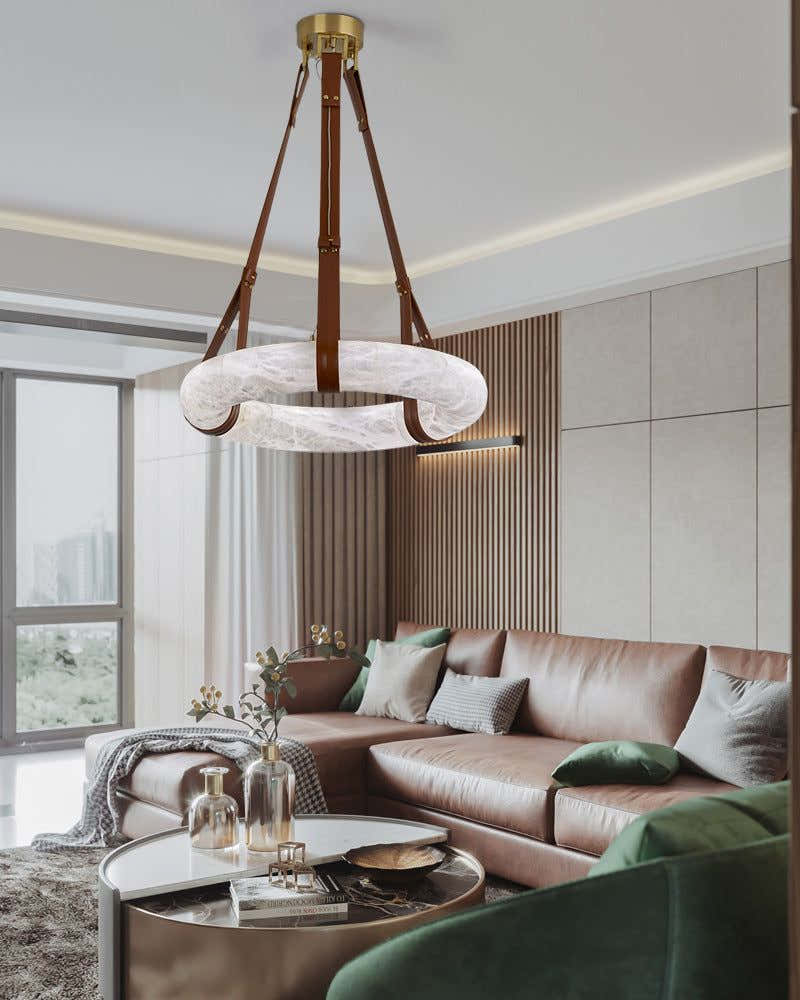 Leather Cable Alabaster Pendant Halo Ring Chandelier with Canopy
