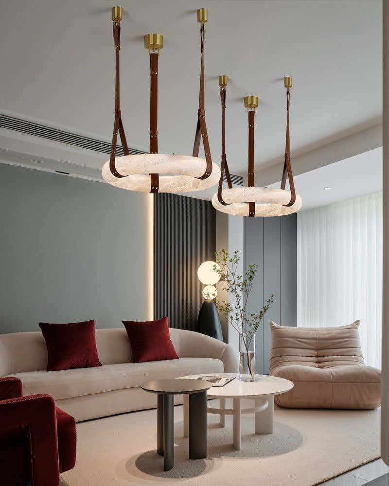 Leather Cable Alabaster Pendant Halo Ring Chandelier with Canopy