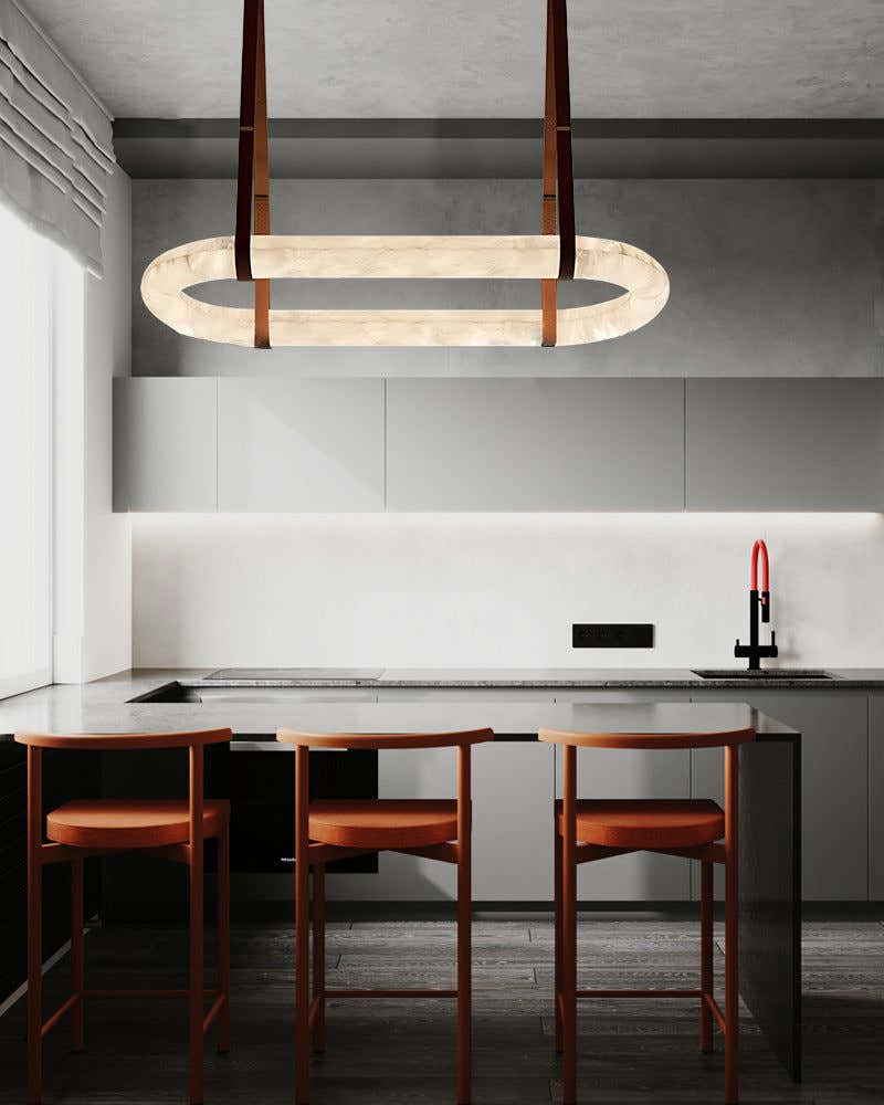 Leather Cable Alabaster Pendant Halo Ring Chandelier with Canopy