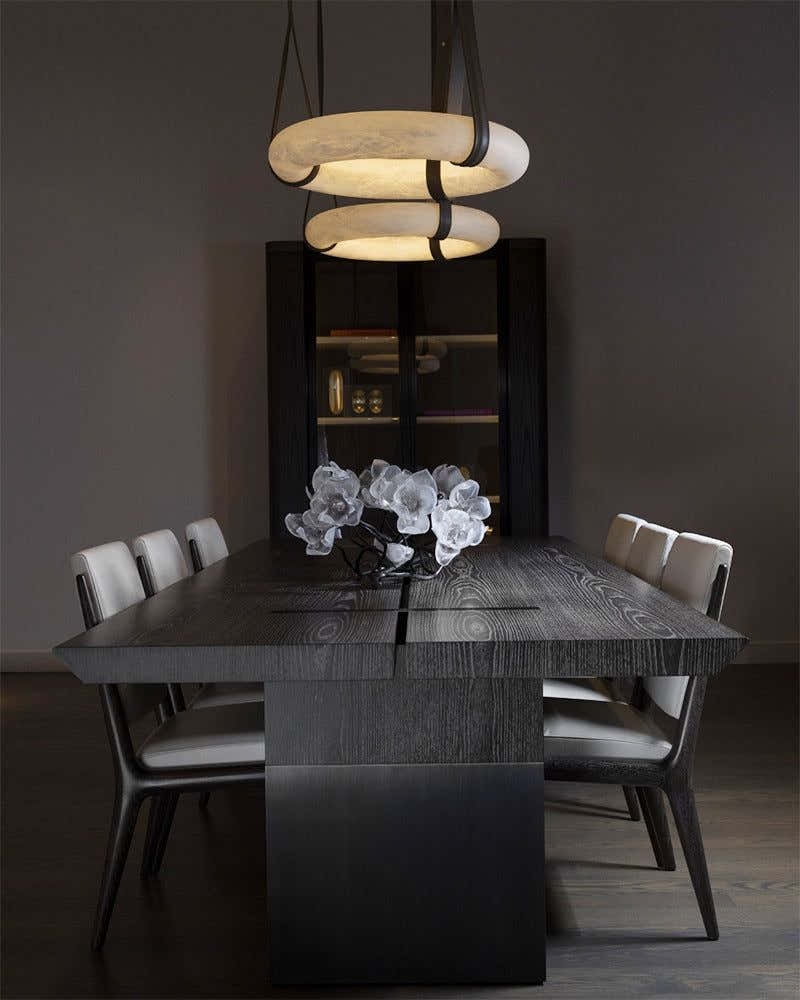 Leather Cable Alabaster Pendant Halo Ring Chandelier with Canopy