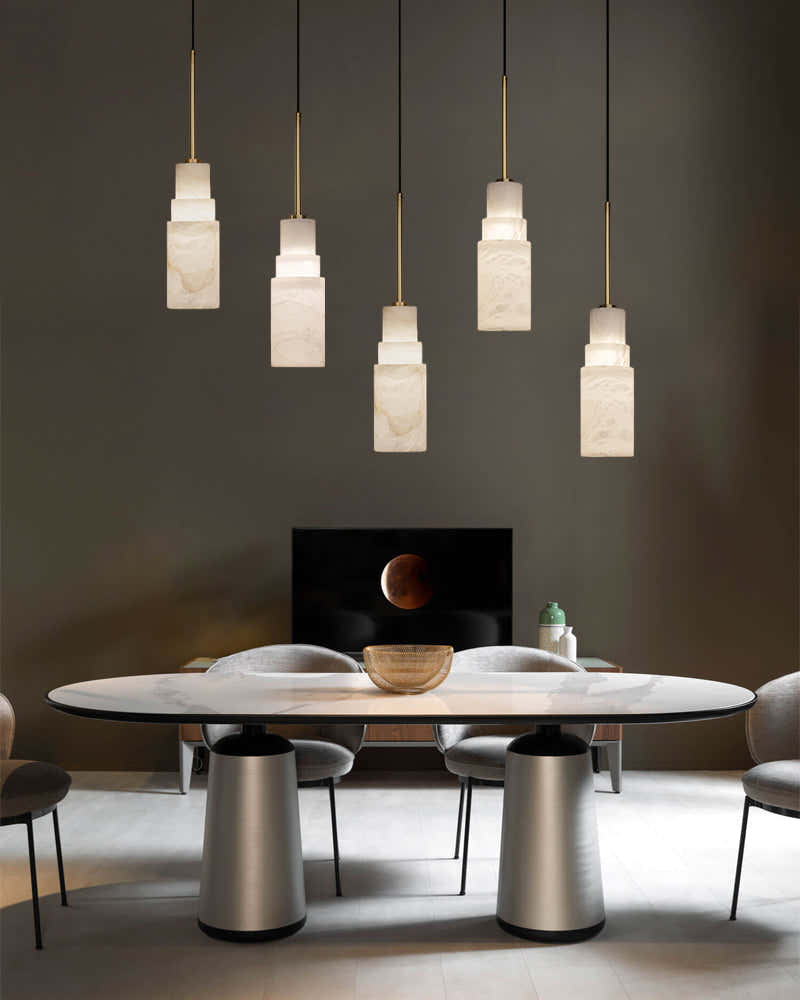 Antique aged Copper Long Hanging Cord Alabaster Pendant Lights over dining table