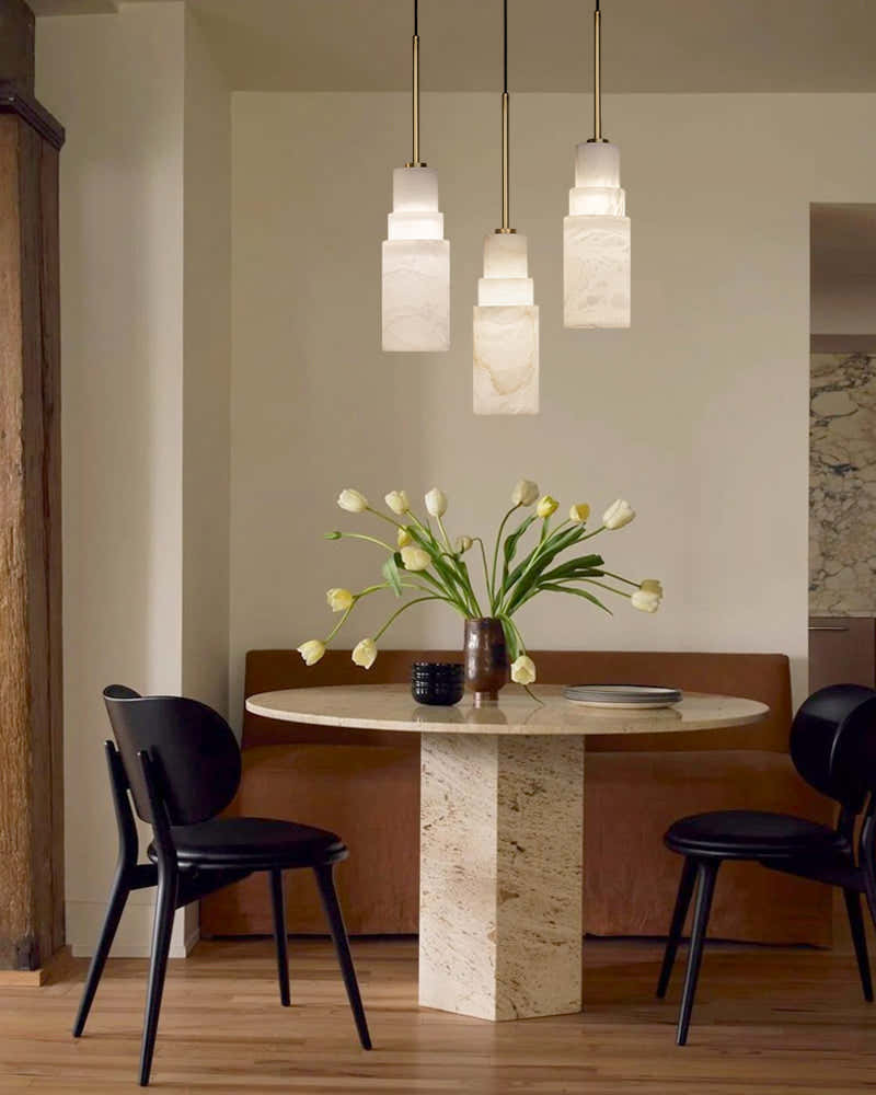 Antique aged Copper Long Hanging Cord Alabaster Pendant Lights over dining table