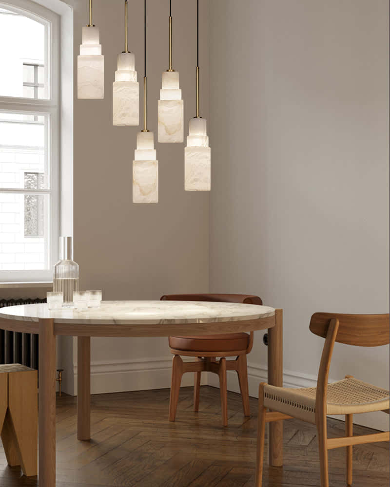 Antique aged Copper Long Hanging Cord Alabaster Pendant Lights over dining table
