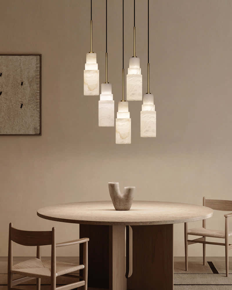 Antique aged Copper Long Hanging Cord Alabaster Pendant Lights over dining table