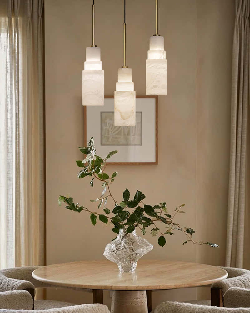 Antique aged Copper Long Hanging Cord Alabaster Pendant Lights over dining table