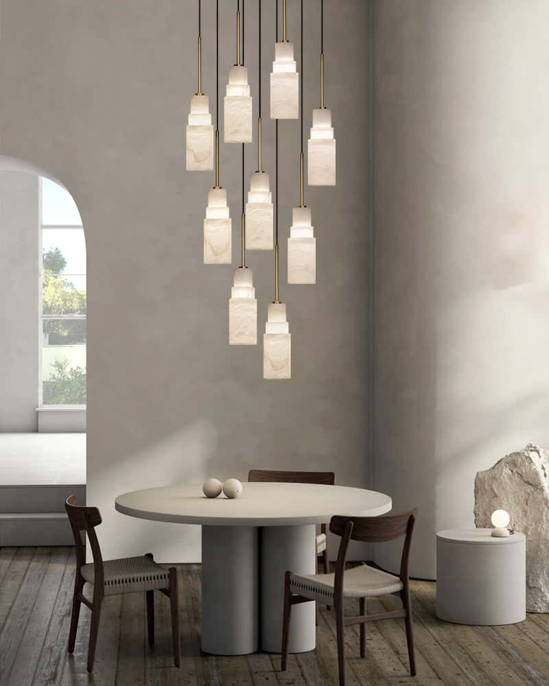 Antique aged Copper Long Hanging Cord Alabaster Pendant Lights over dining table