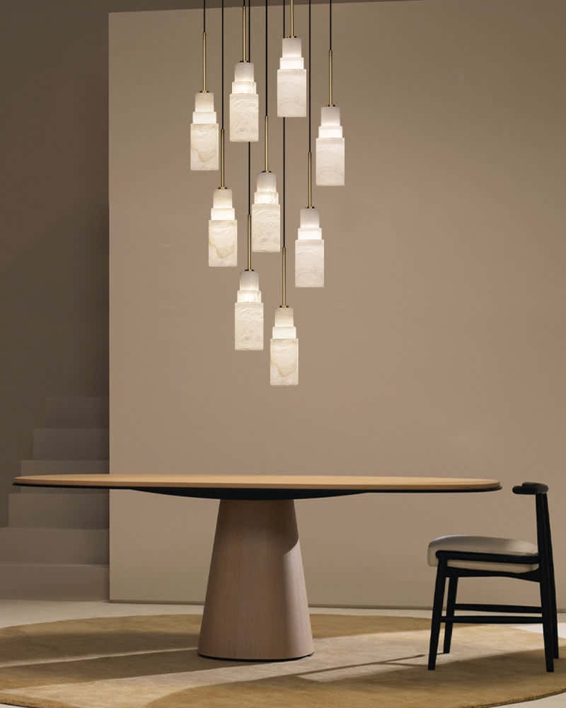 Antique aged Copper Long Hanging Cord Alabaster Pendant Lights over dining table