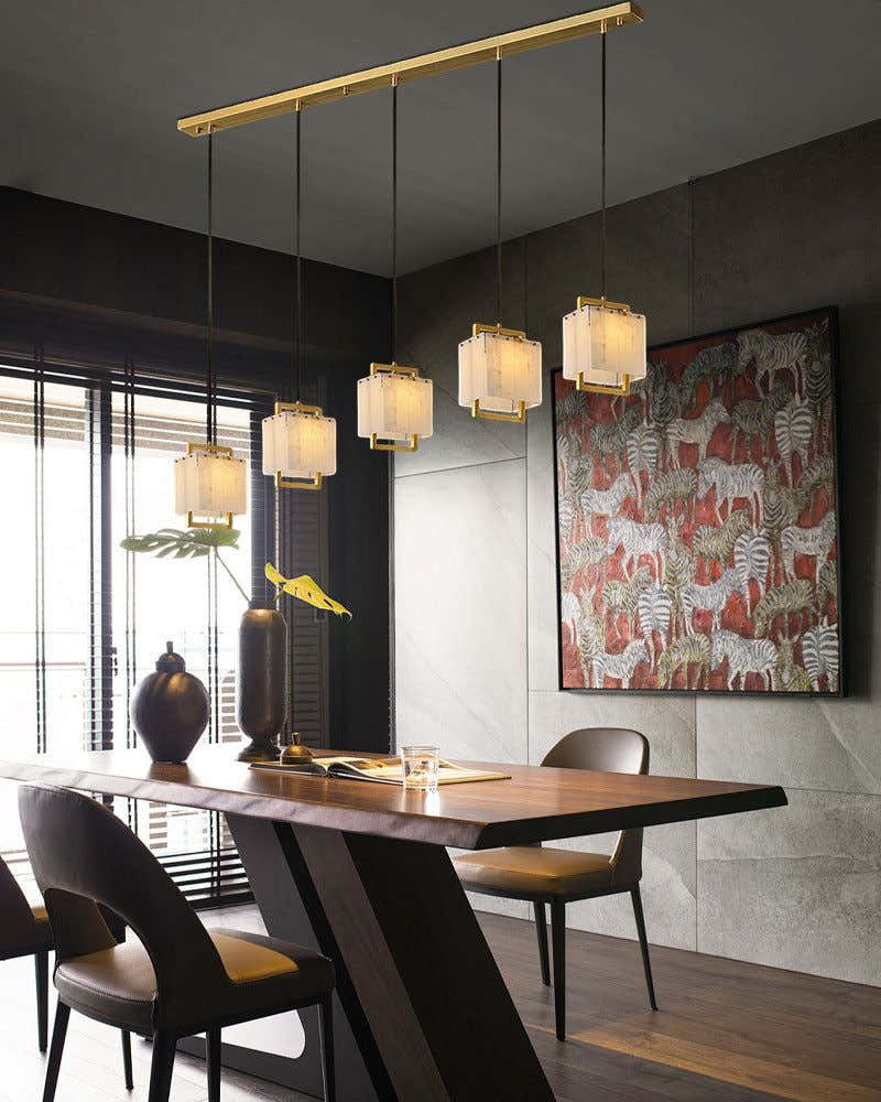 5-Light Rubbed Brass Alabaster Cluster Long Ceiling Pendant lights for dining room