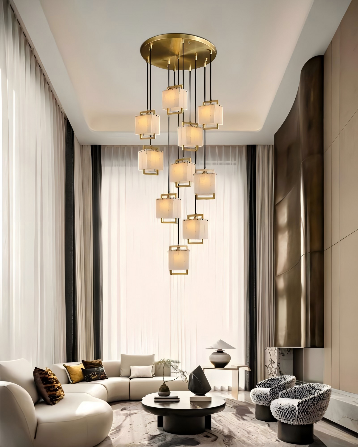 5-Light Rubbed Brass Alabaster Cluster Long Ceiling Pendant lights for dining room