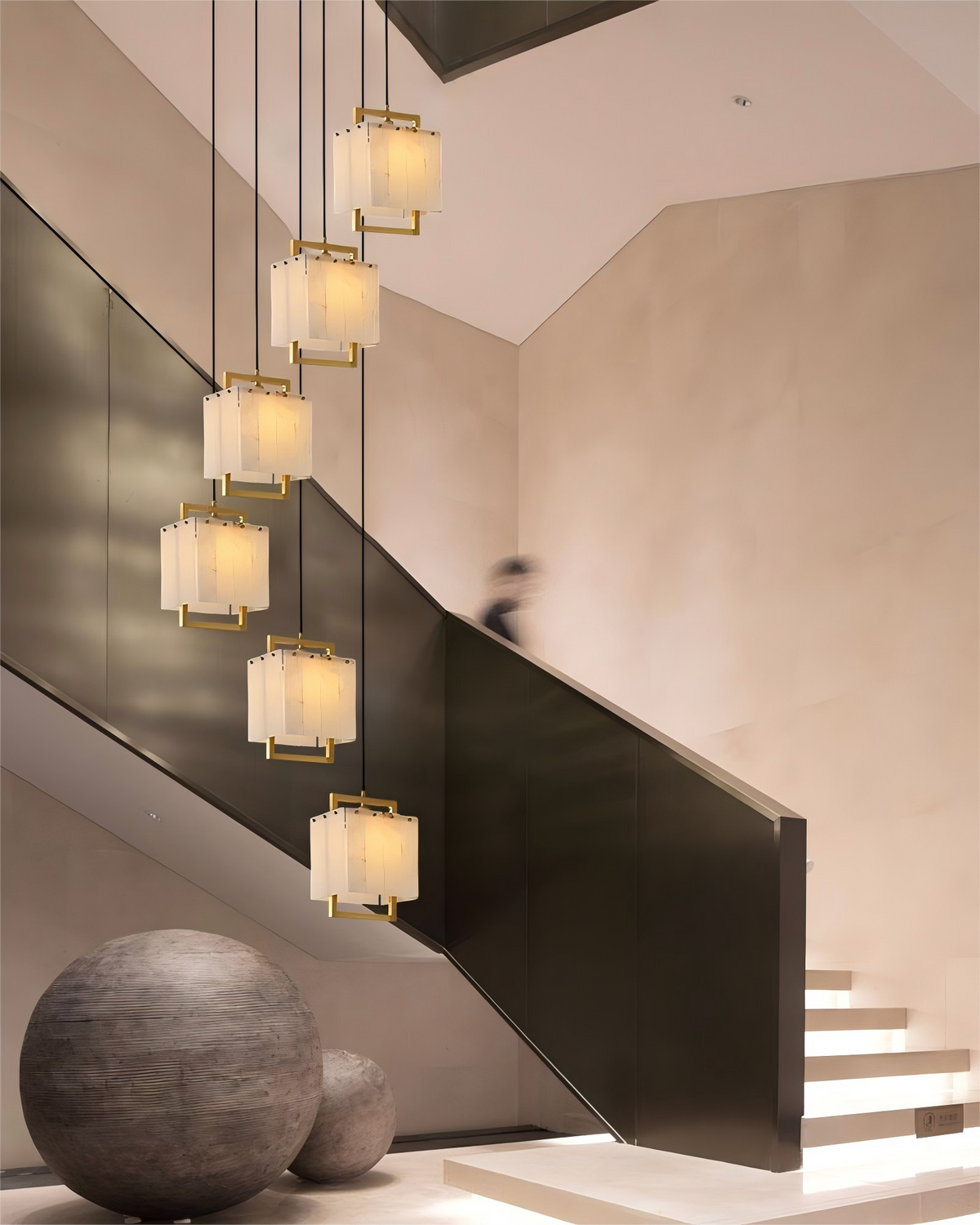 5-Light Rubbed Brass Alabaster Cluster Long Ceiling Pendant lights for dining room