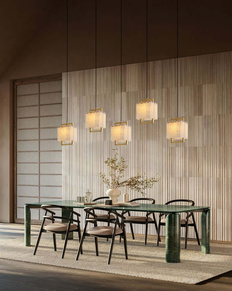 5-Light Rubbed Brass Alabaster Cluster Long Ceiling Pendant lights for dining room