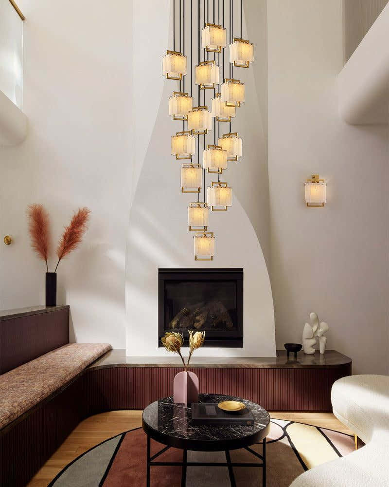 5-Light Rubbed Brass Alabaster Cluster Long Ceiling Pendant lights for dining room