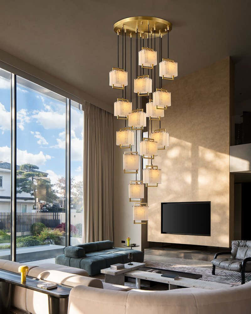 5-Light Rubbed Brass Alabaster Cluster Long Ceiling Pendant lights for dining room