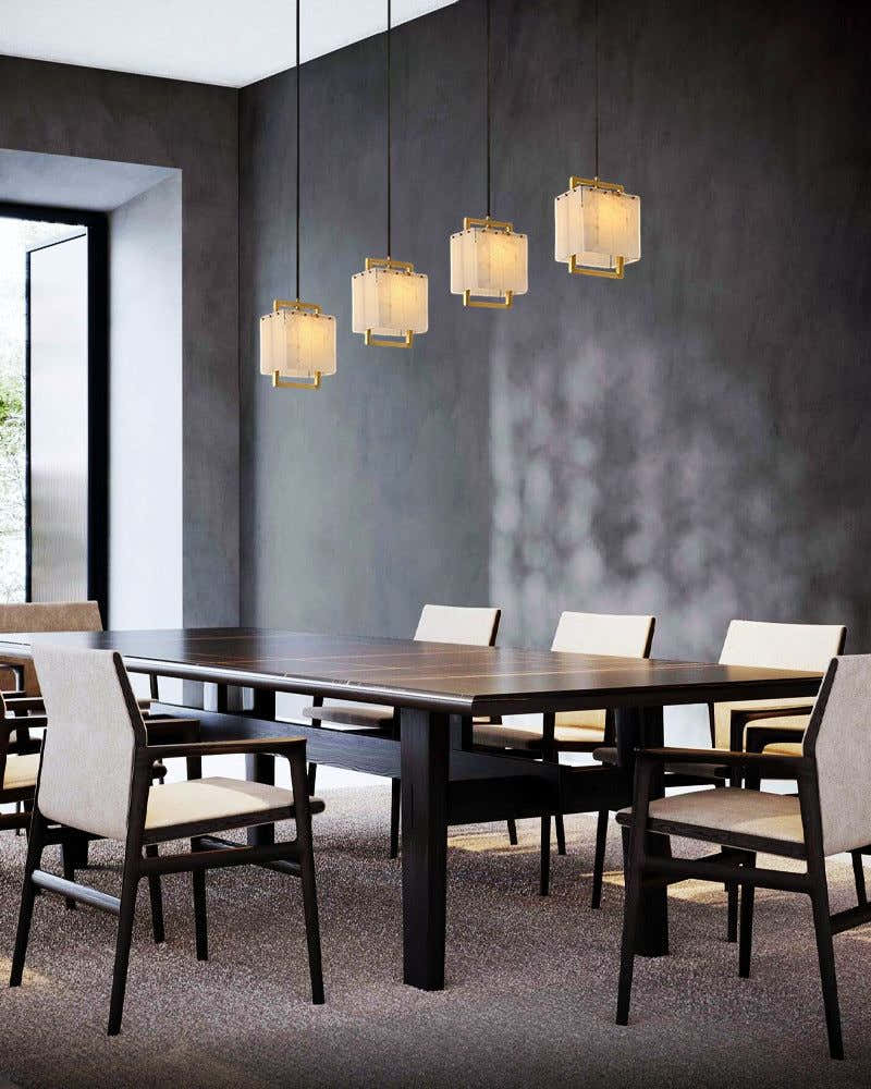5-Light Rubbed Brass Alabaster Cluster Long Ceiling Pendant lights for dining room