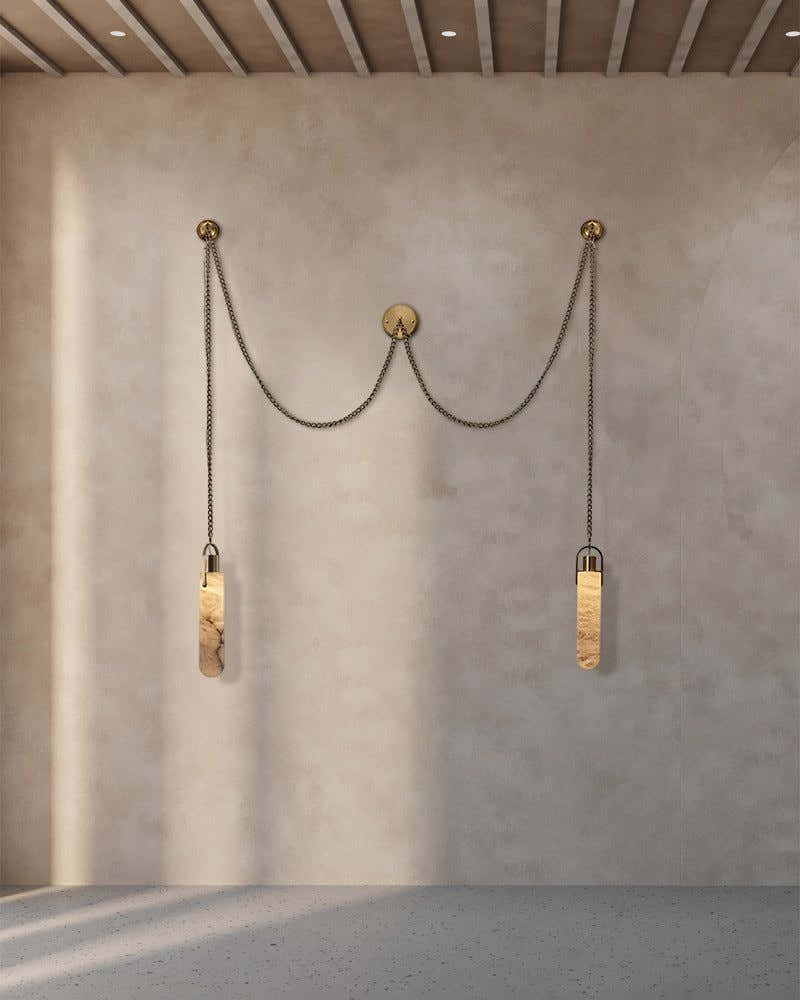 7-lights Brass Ceiling Pendant Lights | Alabaster Flint Drop Chain Lights
