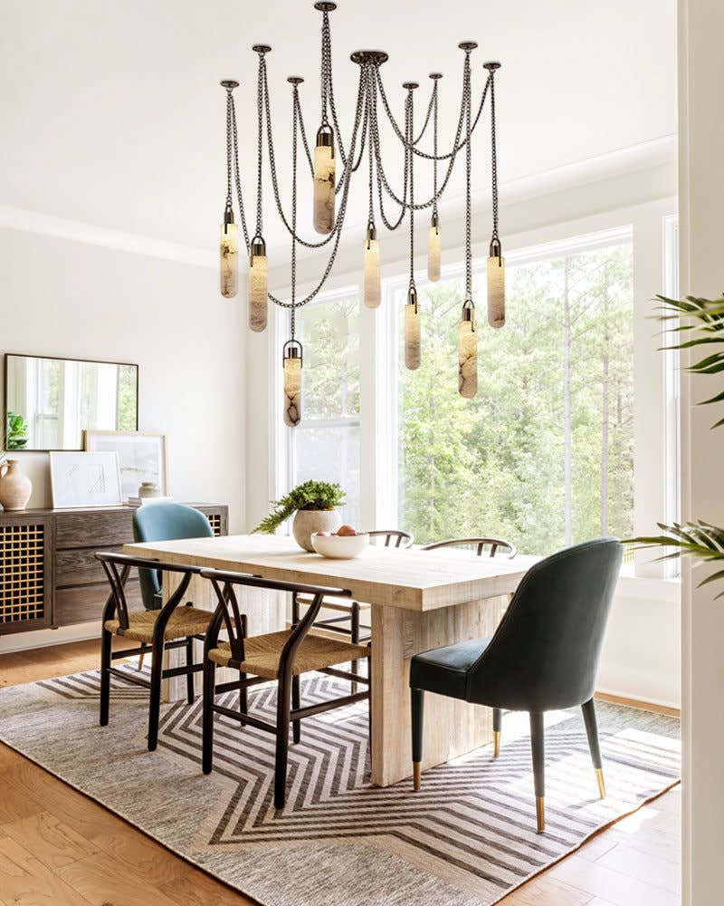 7-lights Brass Ceiling Pendant Lights | Alabaster Flint Drop Chain Lights