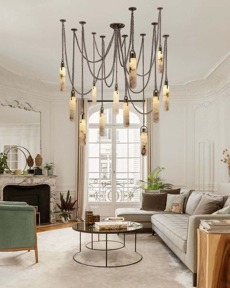 7-lights Brass Ceiling Pendant Lights | Alabaster Flint Drop Chain Lights